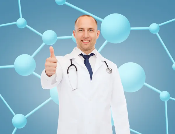 Smiling doctor with stethoscope showing thumbs up — Stock Photo, Image