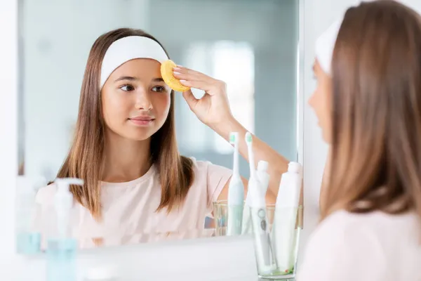 Дівчина-підліток прибирає обличчя губкою у ванній — стокове фото