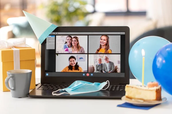 Laptop with video call or online birthday party — Stock Photo, Image