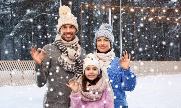 Šťastná rodina v zimních šatech se zobrazeným pohybem OK — Stock fotografie