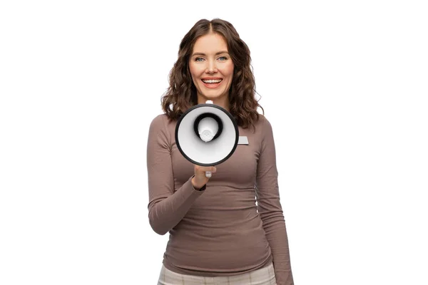 Happy female shop assistant with megaphone — Stock Photo, Image