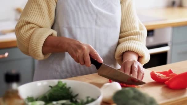 Manos de mujer picando pimienta en la cocina — Vídeos de Stock