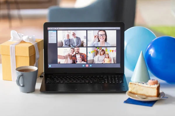 Laptop with video call or online birthday party — Stock Photo, Image