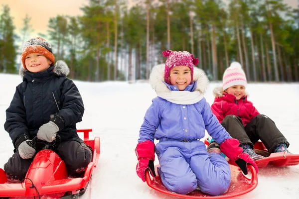 Niños pequeños felices deslizándose hacia abajo en trineos en invierno —  Fotos de Stock