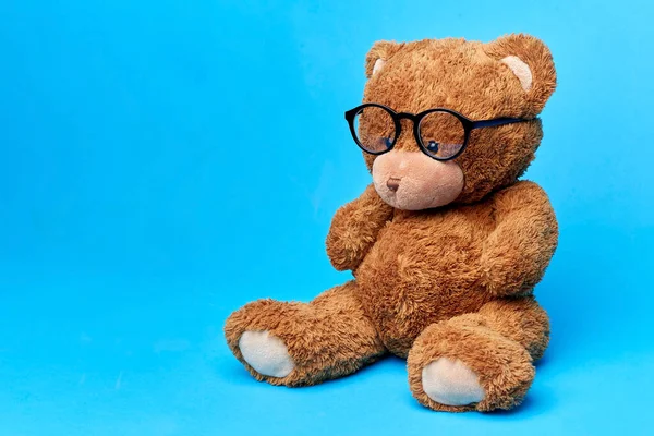 Коричнева іграшка плюшевого ведмедя в окулярах на синьому фоні — стокове фото