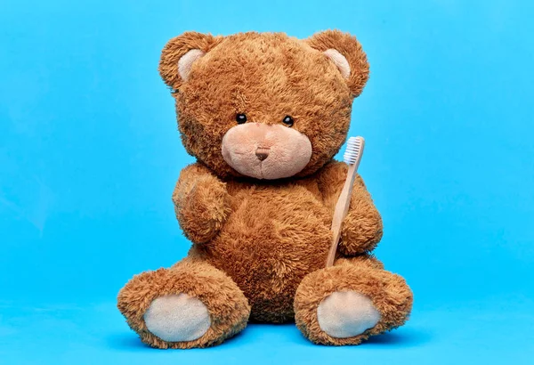 Игрушка плюшевый медведь с зубной щеткой на синем фоне — стоковое фото