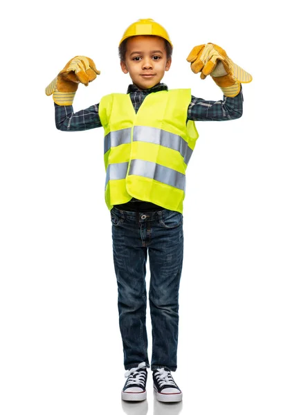 Little boy in gloves, safety vest and helmet — Stockfoto