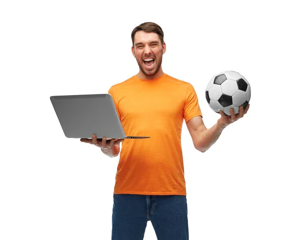 Man or football fan with soccer ball and laptop — Stock Photo, Image