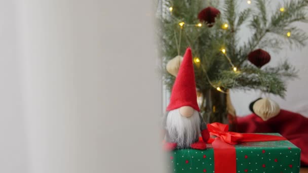 Regalo de Navidad, ramas de abeto y gonk en la ventana — Vídeo de stock