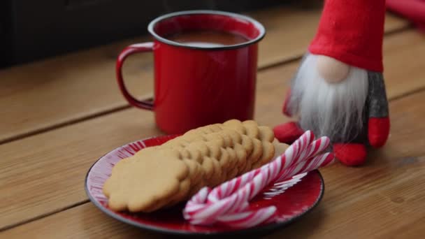 Christmas gonk, coffee and cookies on window sill — ストック動画