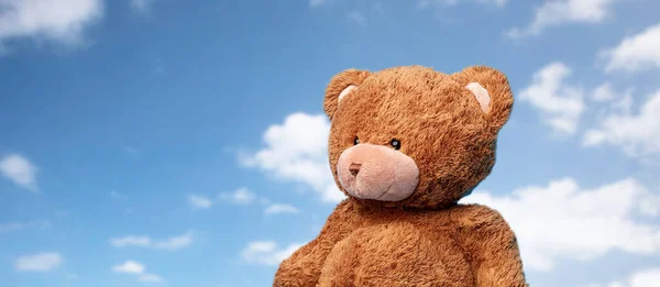 Коричнева іграшка плюшевого ведмедя на фоні блакитного неба — стокове фото