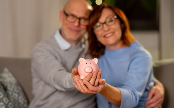 Glückliches Seniorenpaar mit Sparschwein zu Hause — Stockfoto