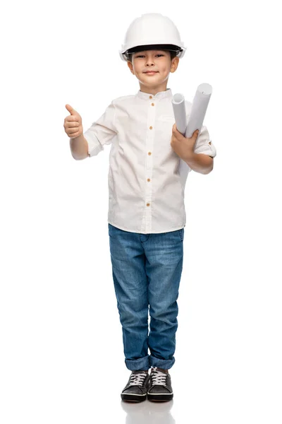 Chlapec v helmě s modrotisky ukazujícími palce nahoru — Stock fotografie