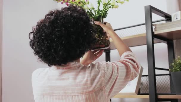 Mulher colocando flores na prateleira em casa — Vídeo de Stock