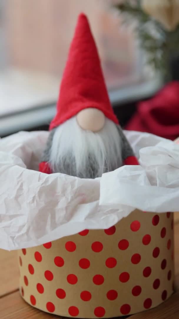 Gnomo de Navidad en caja de regalo en el alféizar de la ventana en casa — Vídeo de stock