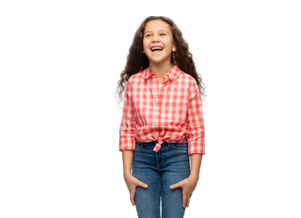 Felice sorridente bambina su sfondo bianco — Foto Stock