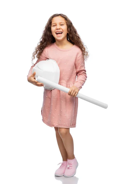 Κοριτσάκι με κράνος και σχέδιο κατασκευής — Φωτογραφία Αρχείου