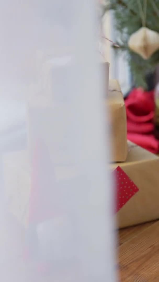Різдвяний подарунок, ялинкові гілки і гном на вікні — стокове відео