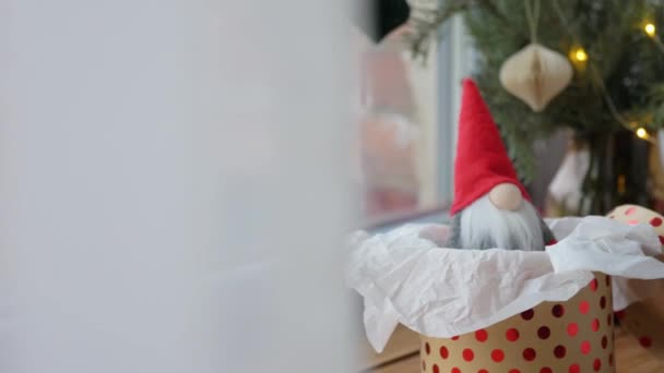 Gnomo de Navidad en caja de regalo en el alféizar de la ventana en casa — Vídeo de stock