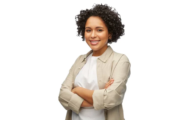 Portrait of woman in shirt over white background — Stock Photo, Image