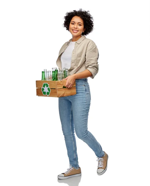 Happy woman sorting glass waste — Stock Photo, Image