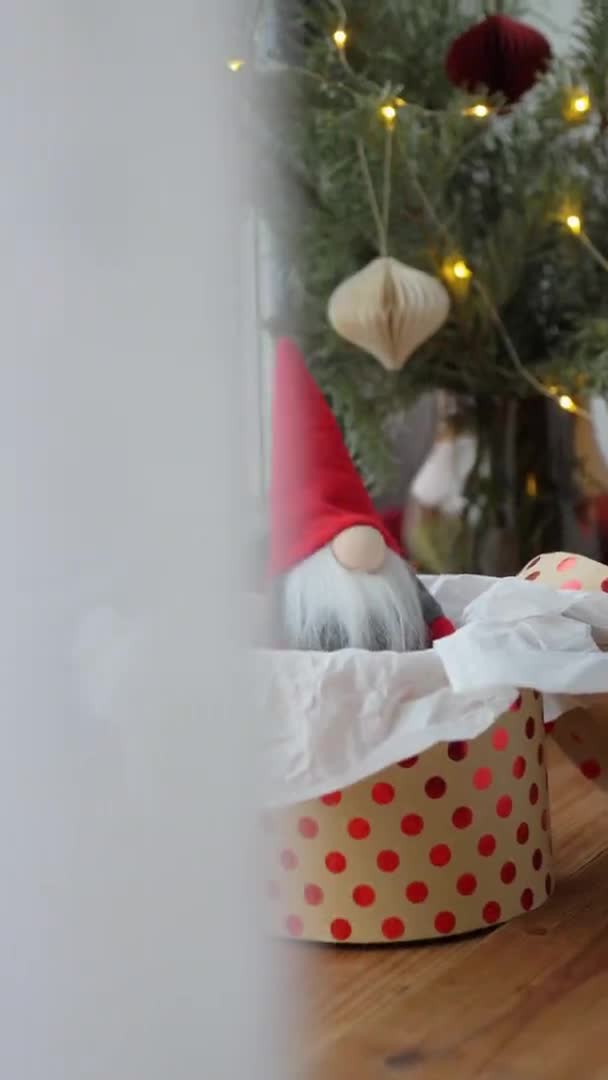 Gnomo de Navidad en caja de regalo en el alféizar de la ventana en casa — Vídeos de Stock