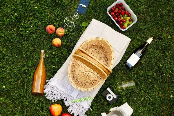 Piknikový koš, jídlo, nápoje a telefon na trávě — Stock fotografie