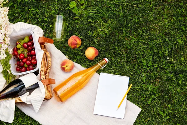 Food, drinks and picnic basket on grass — Stock Photo, Image