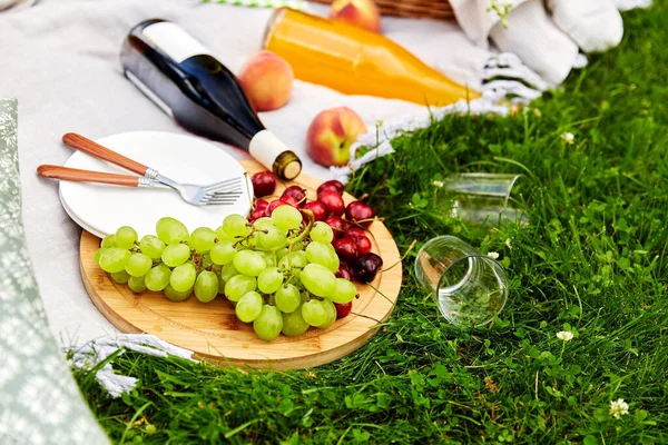 Jídlo, nápoje a koš na piknikové dece na trávě — Stock fotografie