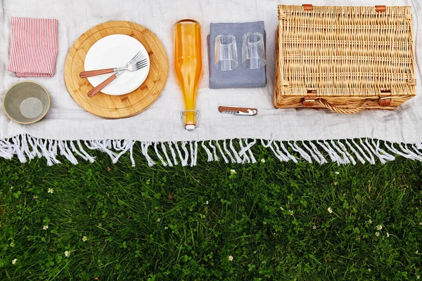 Keranjang, crockery dan jus di atas selimut piknik — Stok Foto