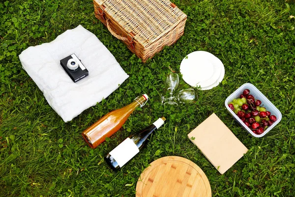 Jídlo, nápoje a piknikový koš na trávě — Stock fotografie