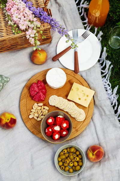 풀 위의 피크닉 담요 위의 음식, 음료 및 바구니 — 스톡 사진
