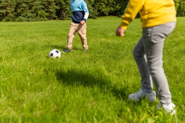 Niños pequeños felices con pelota jugando al fútbol en el parque — Foto de Stock