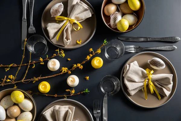 Close up of easter table serving over black — Stock Photo, Image