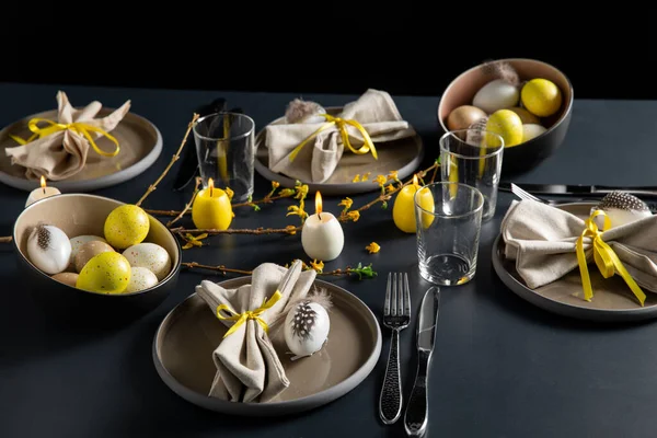 Close up of easter table serving over black — Stock Photo, Image
