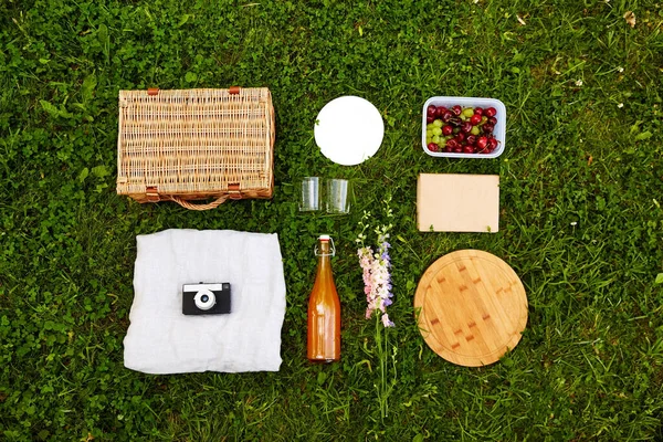 Makanan, minuman dan keranjang piknik di rumput — Stok Foto