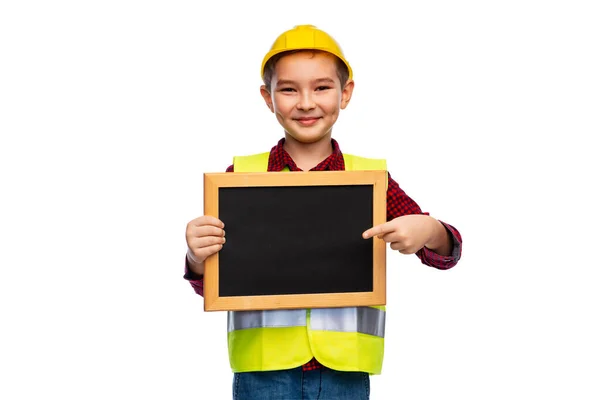 Menino em capacete protetor segurando quadro — Fotografia de Stock