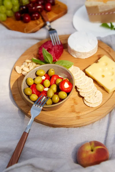 Primer plano de comida o snacks en manta de picnic —  Fotos de Stock