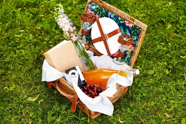 Suco, cereja, livro e câmera em cesta de piquenique — Fotografia de Stock