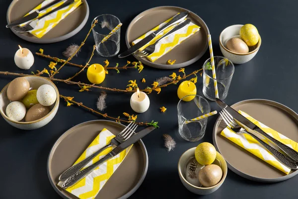 Close up of easter table serving over black — Stock Photo, Image