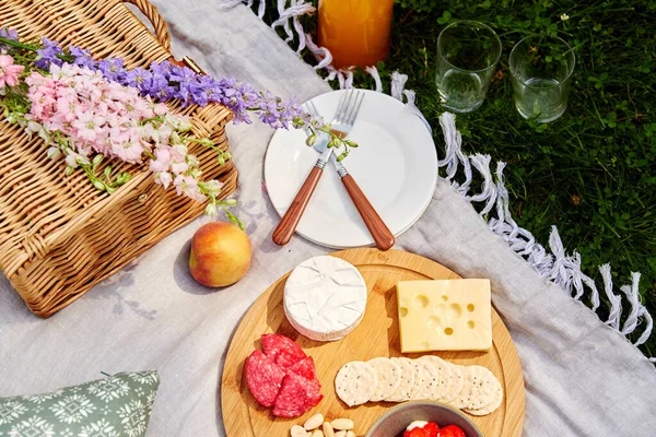 Essen, Getränke und Korb auf Picknickdecke im Gras — Stockfoto