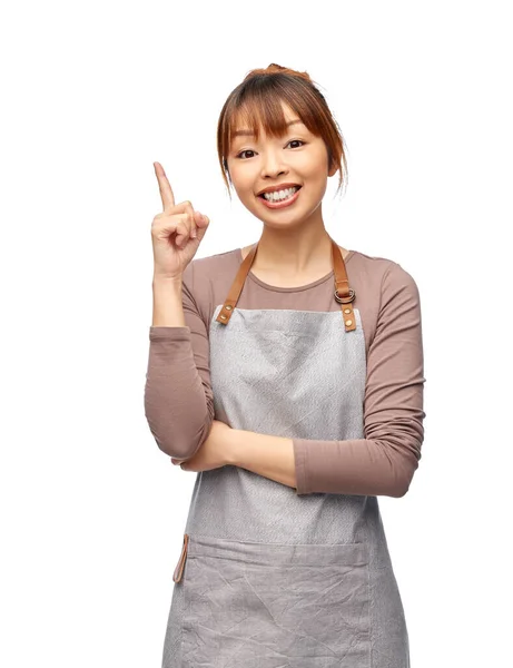 Mujer feliz, chef o camarera apuntando con el dedo hacia arriba —  Fotos de Stock