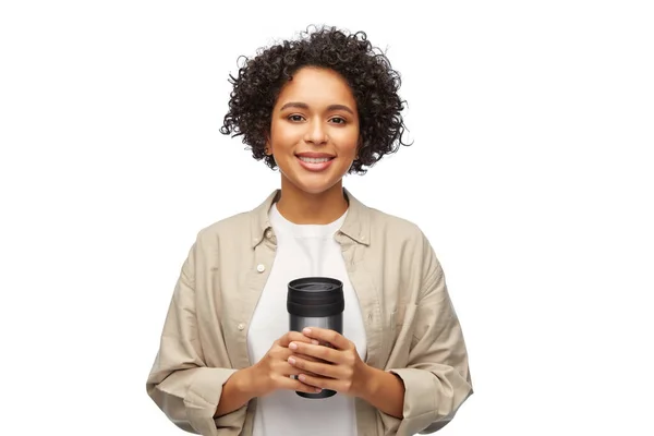Woman with thermo cup or tumbler for hot drinks — Stock Photo, Image