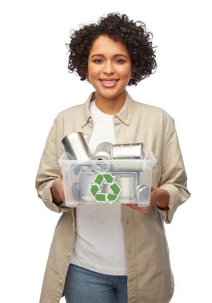 Happy smiling woman sorting metallic waste — Stock Photo, Image