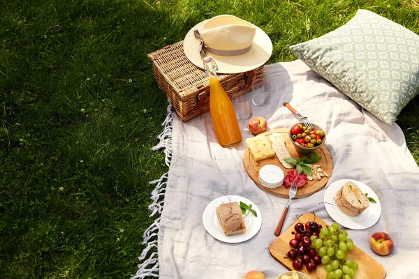 食物、饮料和野营篮，铺在草地上的毯子上 — 图库照片