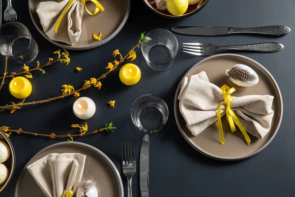 Close up of easter table serving over black — Stock Photo, Image