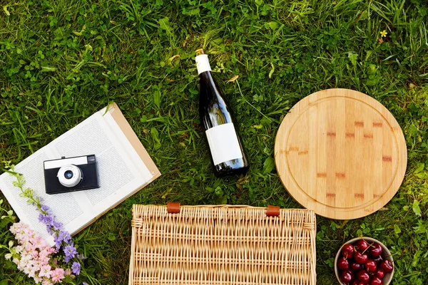 Piknikový koš, víno, třešeň a fotoaparát na trávě — Stock fotografie
