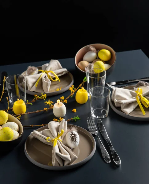 Close up of easter table serving over black — Stock Photo, Image