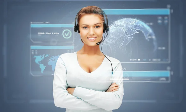 Operador de línea de ayuda mujer o mujer en auriculares —  Fotos de Stock
