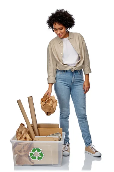 Happy woman sorting paper waste — Stock Photo, Image
